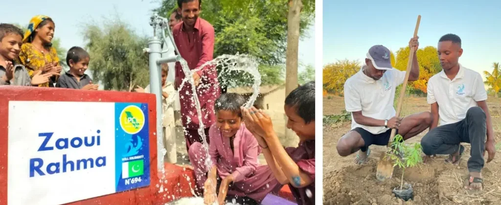 Personnes utilisant un puits, plantation d'arbre.