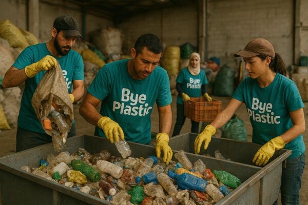 Personnes triant du plastique dans un centre de recyclage.