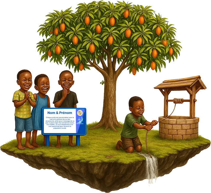 Enfants souriants près d'un arbre et d'un puits.