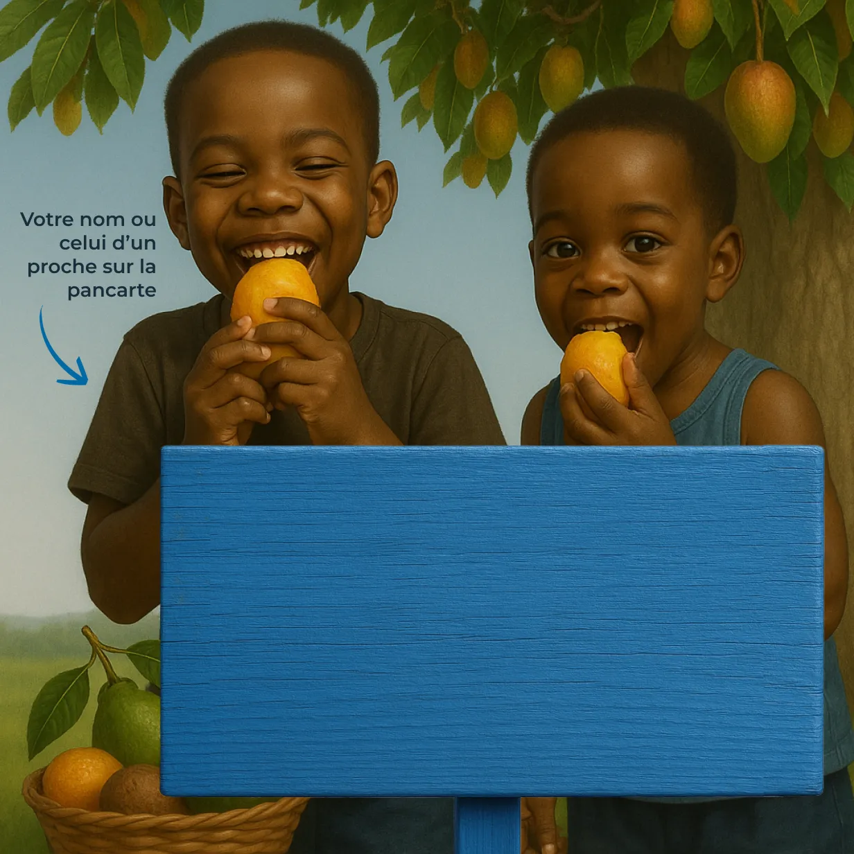 Deux enfants souriant, mangeant des fruits devant pancarte.