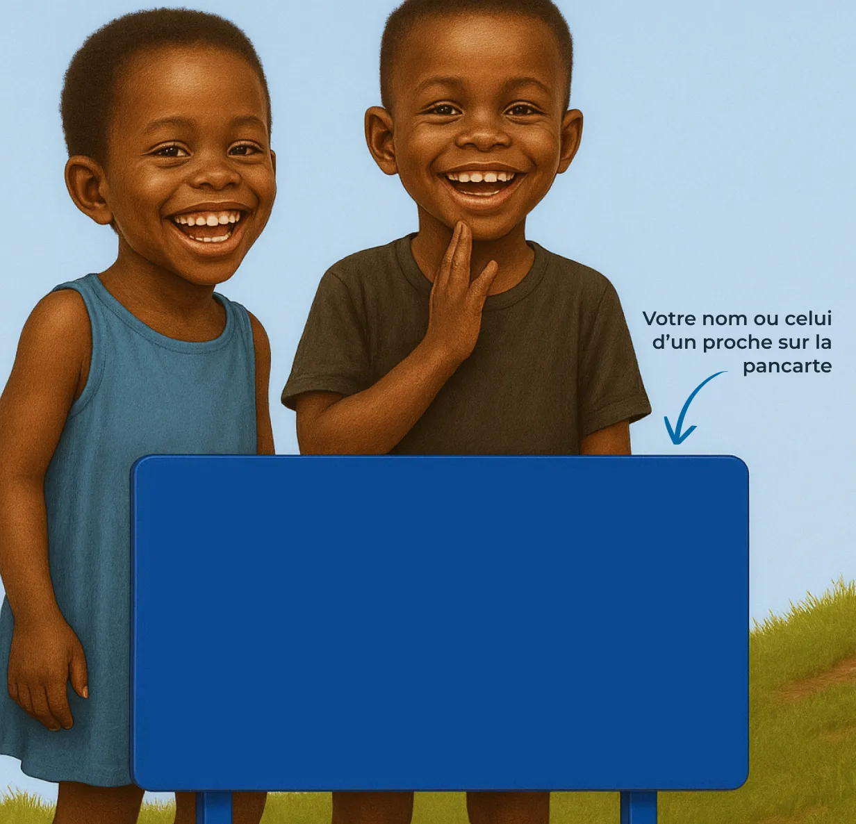 Deux enfants souriants avec une pancarte bleue.