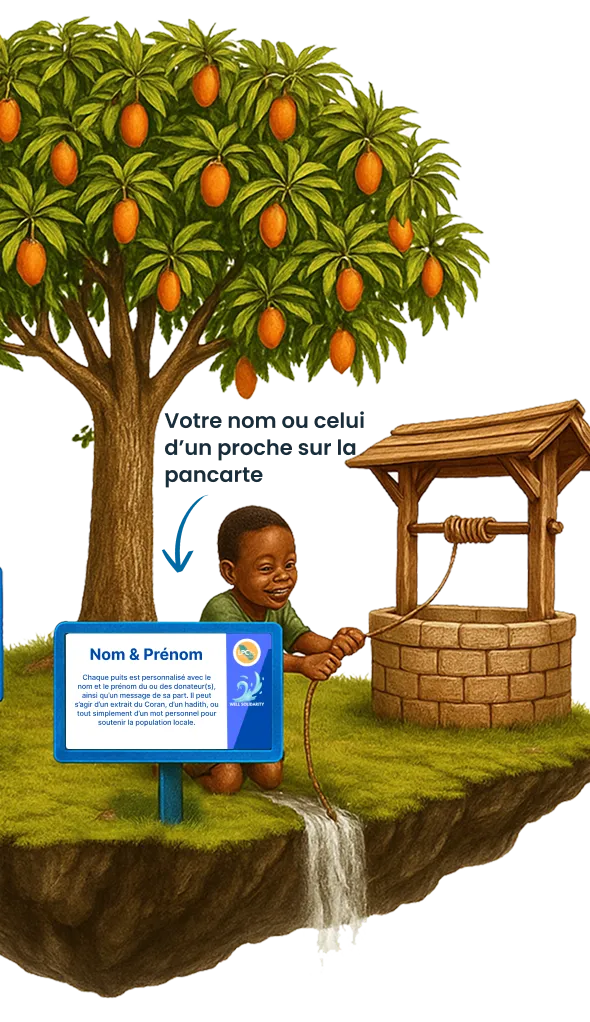 Enfant puisant de l'eau sous un manguier.