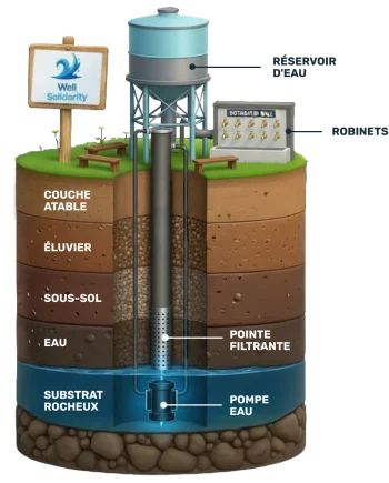 Diagramme d'un puits avec réservoir et distribution d'eau.
